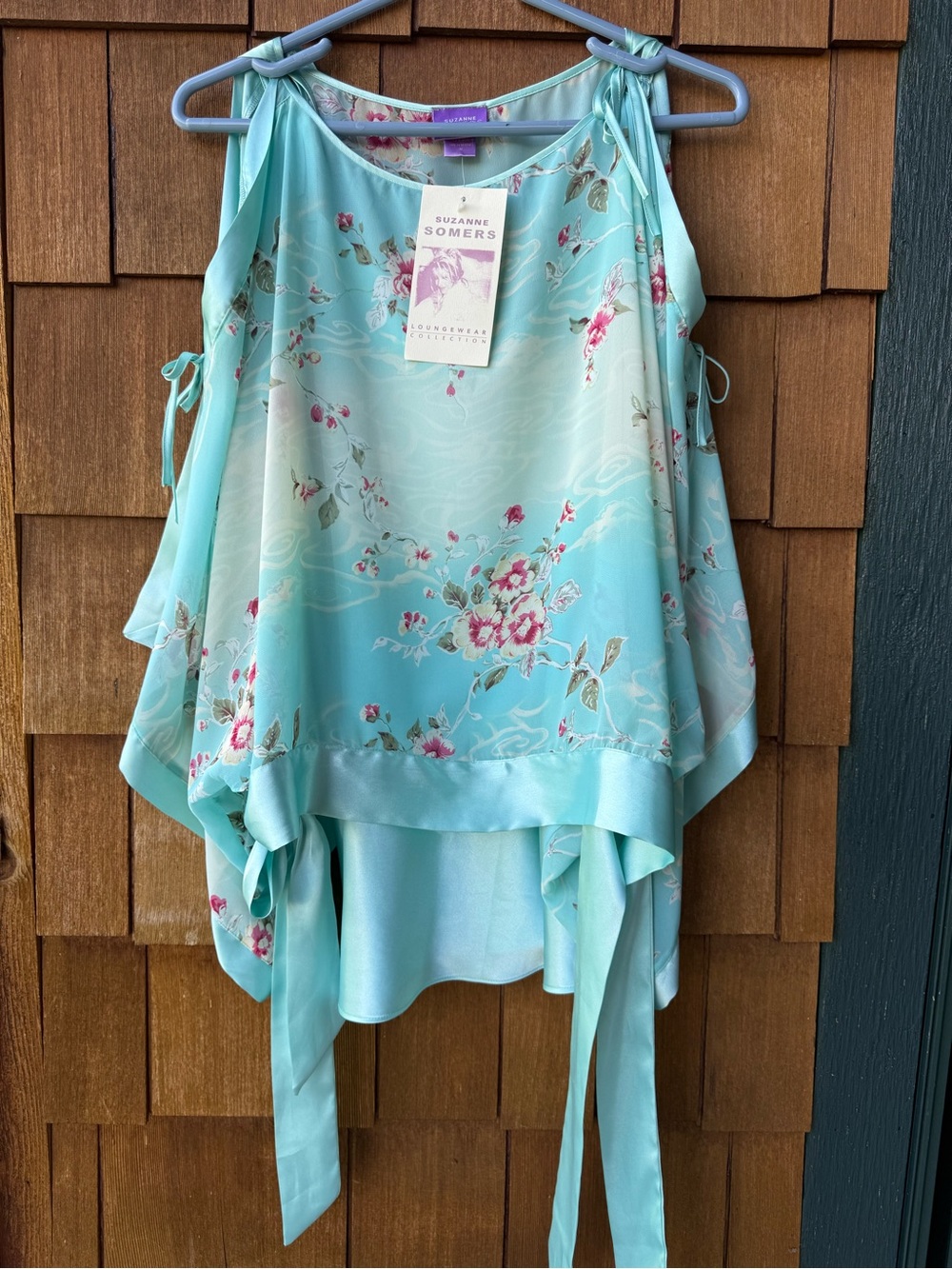 NEW! Suzanne Somers Loungewear MEDIUM Turquoise Floral Satin 3 Piece PANTS TOP